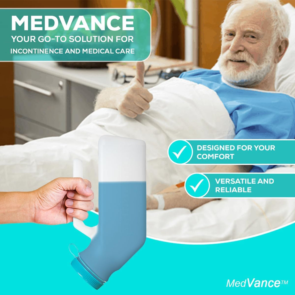 MedVance- Urinals for Men 1000ml with Glow in The Dark Spill Proof Pop Cap Lid, Plastic Pee Bottles for Men, Male Urinals, Pee Container Men, Portable Urinal for Car, Elderly & Incontinence (2 Pack)