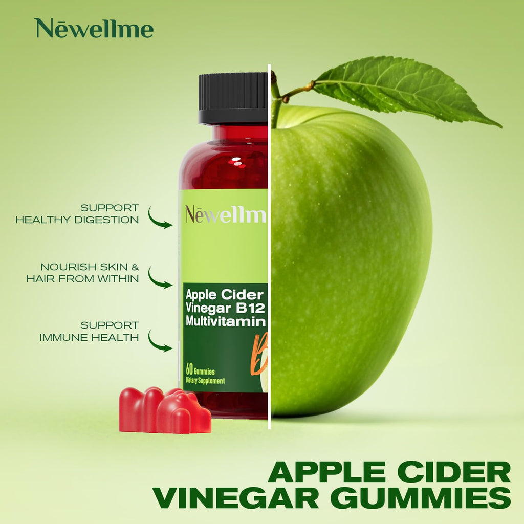 NEWELLME Apple Cider Vinegar Gummies B12 Multivitamin -ACV Supplement Gummy Vitamins, Energy & Detox | Vegan, Non-GMO & Gluten-Free (90)