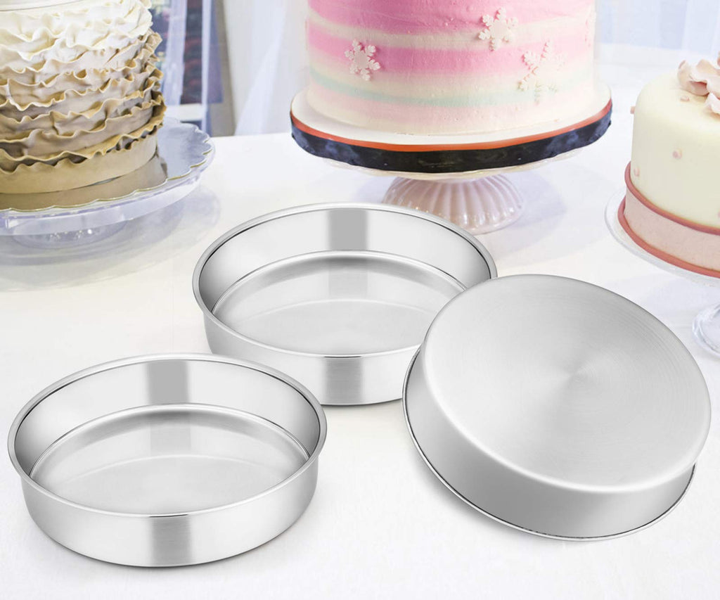 E-far 9½ Inch Cake Pan Set of 3, Stainless Steel Round Cake Baking Pans, Non-Toxic & Healthy, Mirror Finish & Dishwasher Safe