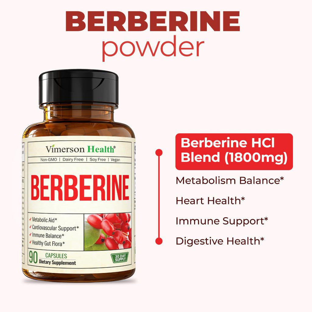 Vimerson Health Berberine Supplement with Third Party Tested Berberine 1800mg - Immune Support Supplement for Cardiovascular, Gastrointestinal Function & Metabolic Aid - Vegan & Non-GMO