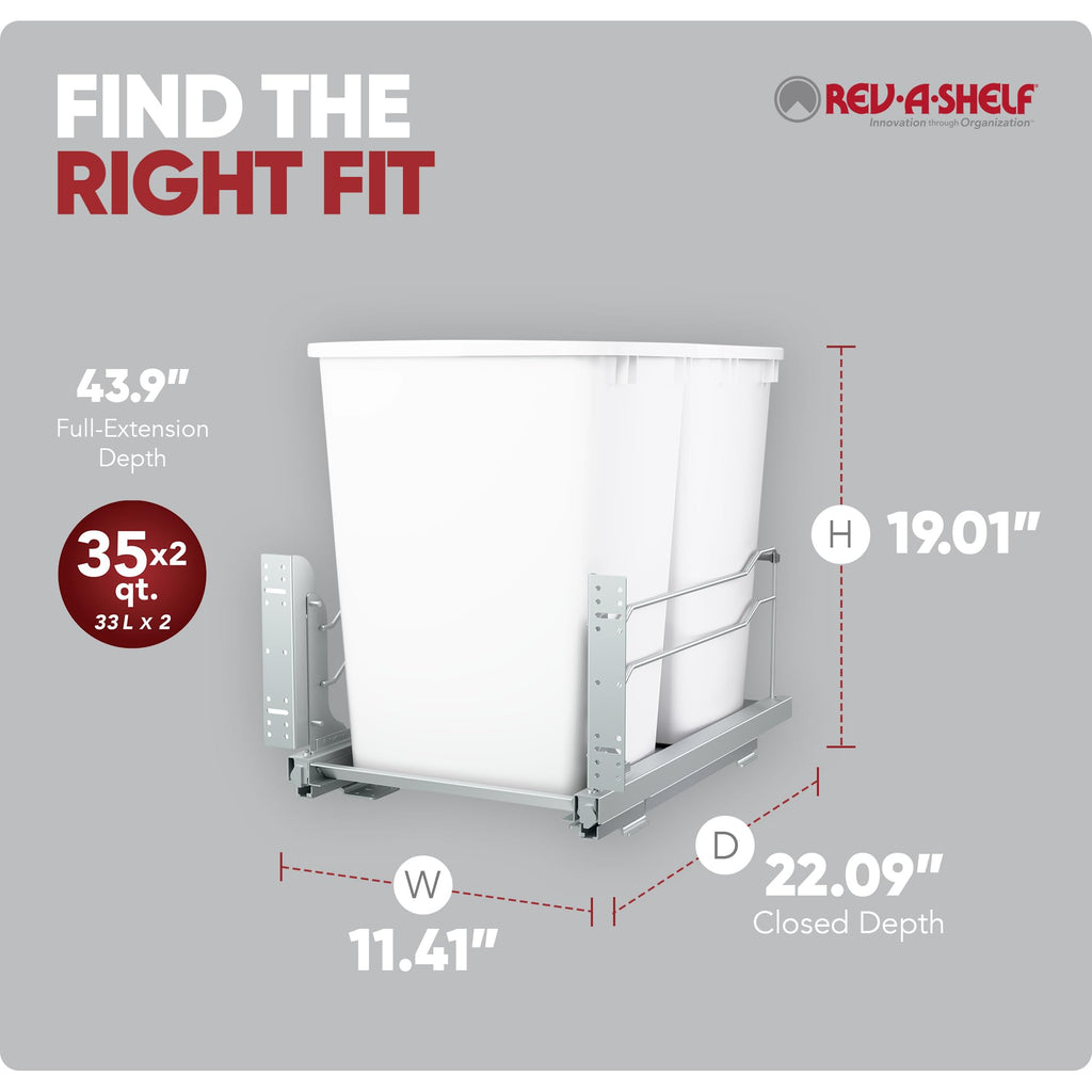 Rev-A-Shelf Double 35 Qt Pullout Trash Cans with Soft-Close for Under Kitchen Cabinets, Min Opening Width of 14.5", White, 53WC-1835SCDM-211