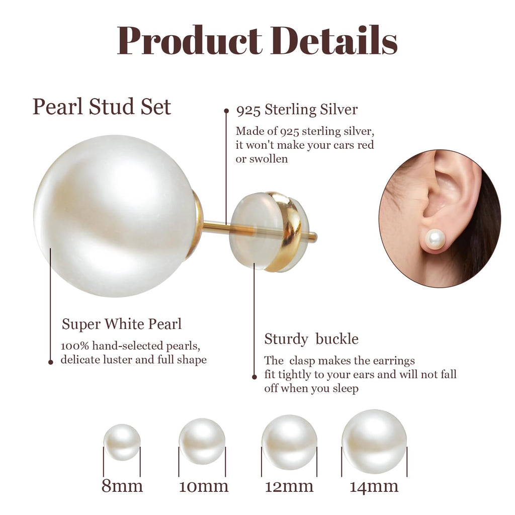 Sanglarst 4 Pairs Pearl Stud Earrings Sterling Silver Earring Flat Round