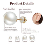 Sanglarst 4 Pairs Pearl Stud Earrings Sterling Silver Earring Flat Round