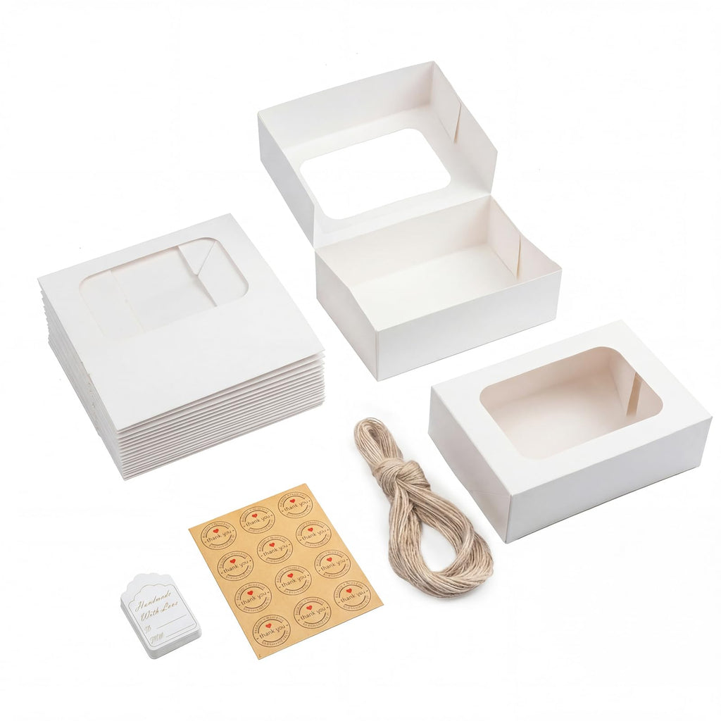YEKTFS 24 Pack Cookie Boxes with Window, 9x6x3 Inch White Bakery Containers for Desserts, Candy, Muffins, Donuts, Chocolate Covered Strawberries & Gift Giving