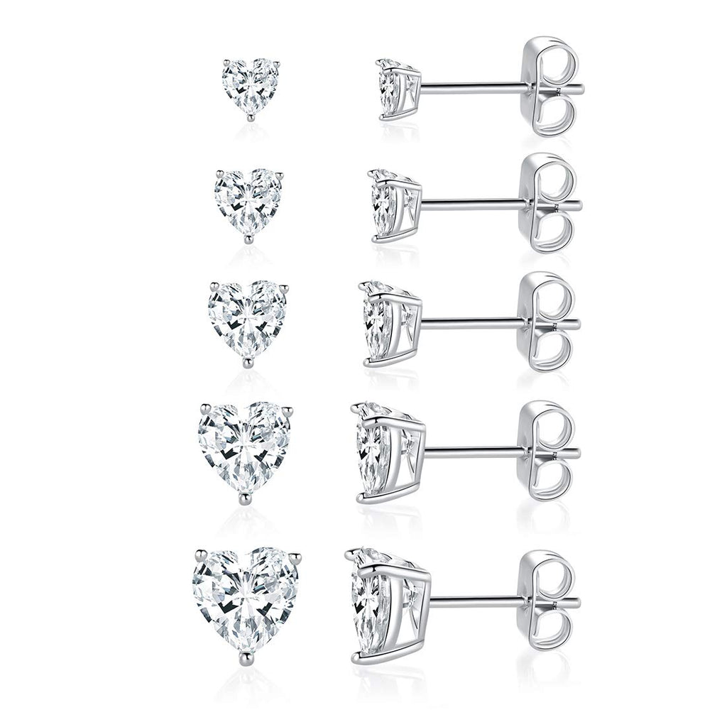 MDFUN 18K White Gold Plated Heart Stud Earrings for Women,5 Pairs