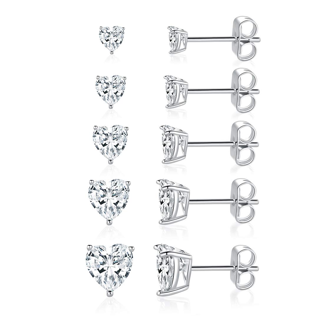 MDFUN 18K White Gold Plated Heart Stud Earrings for Women,5 Pairs