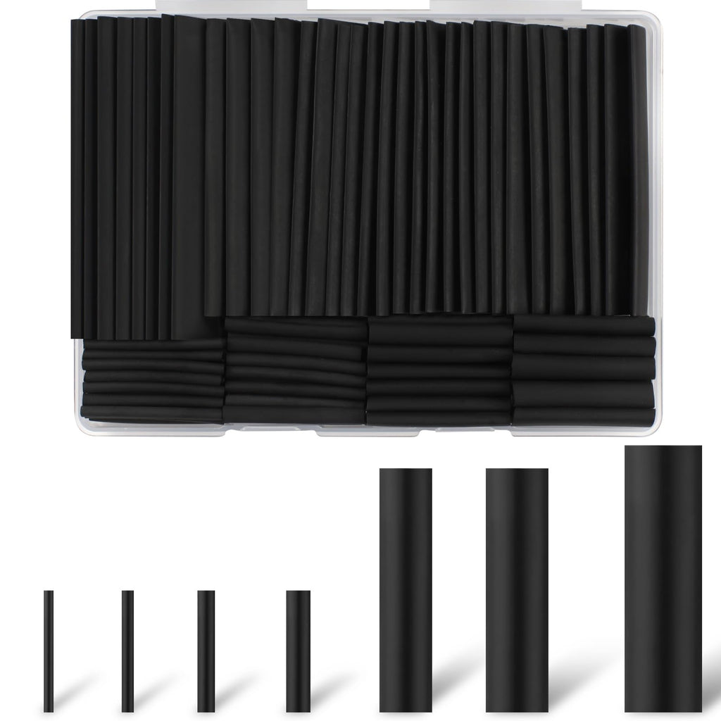 Rindion 127PCS Heat Shrink Tubing Kit, 2:1 Shrink Ratio, Marine Grade Industrial Heat Shrink Tubing, Long Lasting Insulation Wire Shrink Wrap Tubing- Black