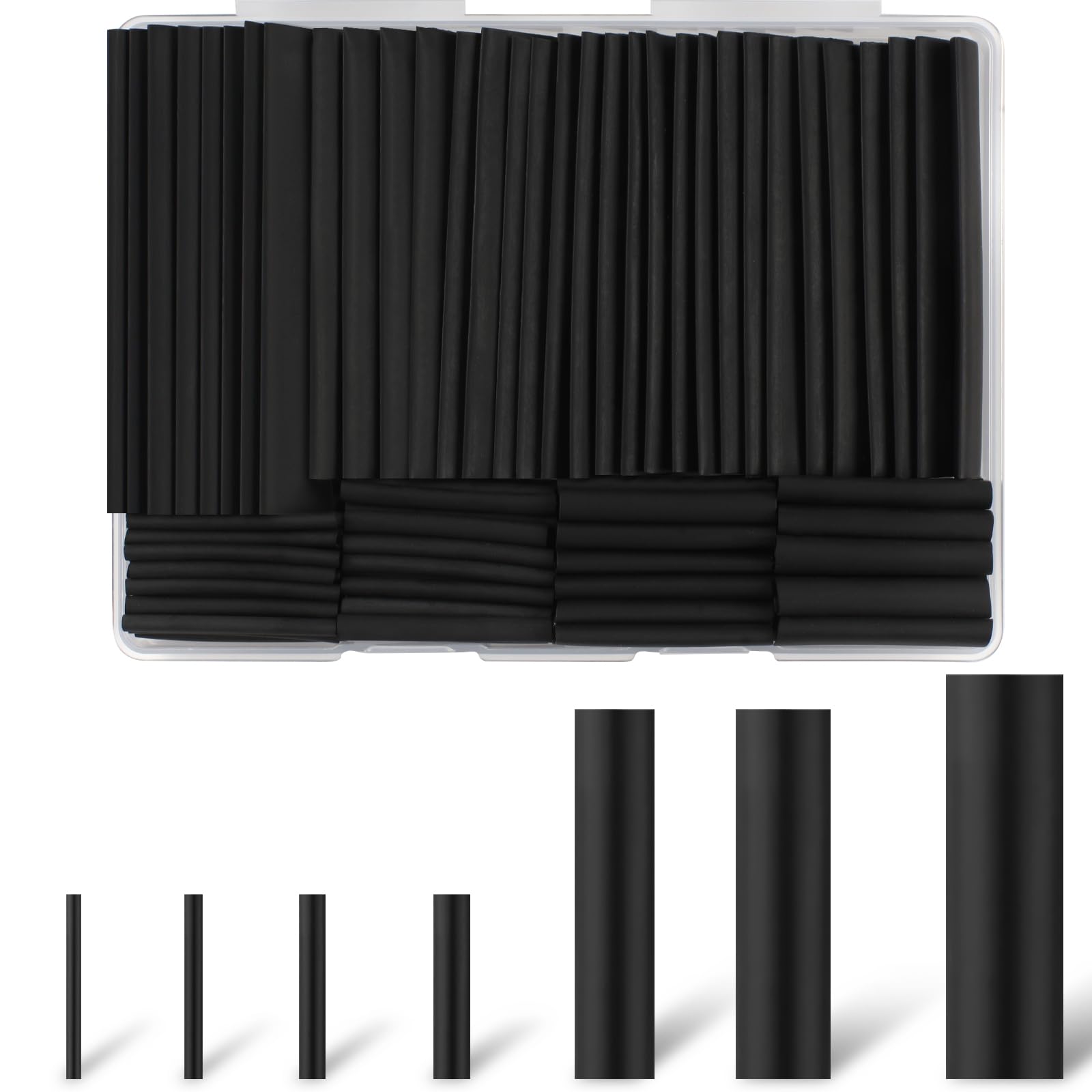 Rindion 127PCS Heat Shrink Tubing Kit, 2:1 Shrink Ratio, Marine Grade Industrial Heat Shrink Tubing, Long Lasting Insulation Wire Shrink Wrap Tubing- Black
