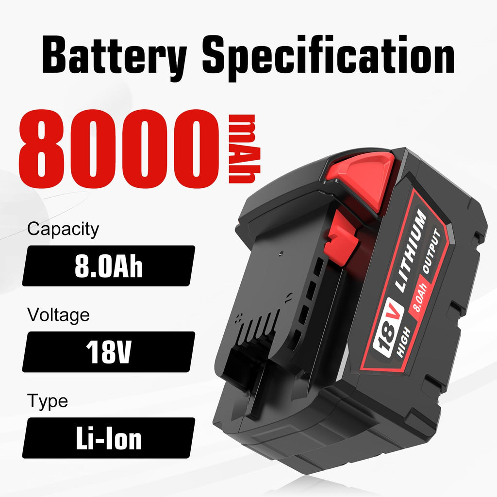 4 Pack 8.0Ah Extended Runtime Battery Replacement for Milwaukee 18V Battery