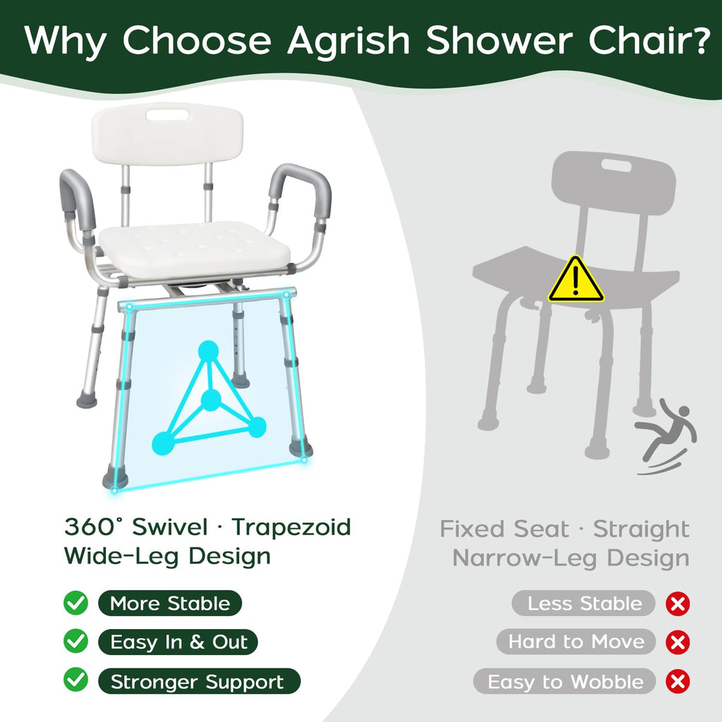 Swivel Shower Chair with Arms and Back, 450lbs Heavy Duty Shower Chair for Elderly and Disabled, Handicap Shower Chairs for Inside Shower Stool & Bath Tub Seat for Adults