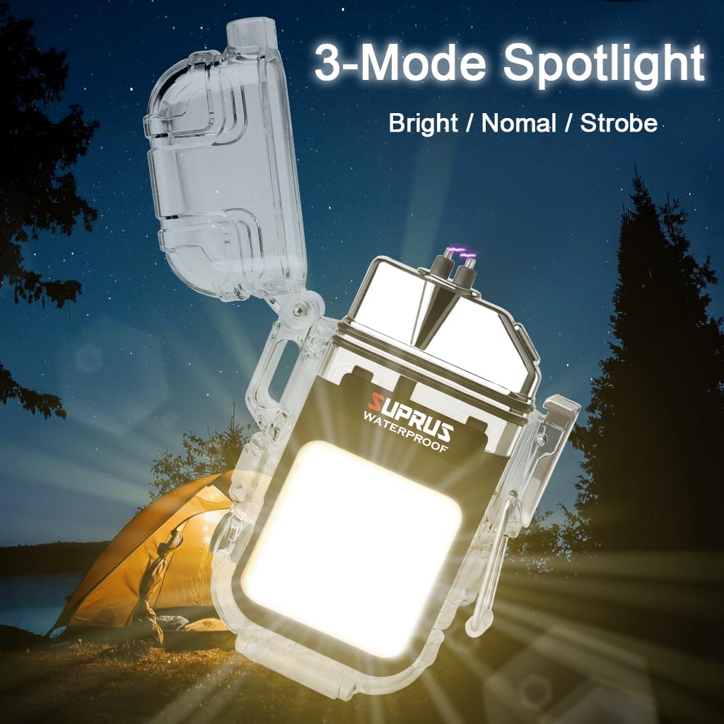 SUPRUS Waterproof 3 Modes of Flashlight Windproof Lighter Dual Arc Electric Rechargeable Dual Arc Plasma Lighter with Survival Emergency Whistle and Lanyard (Black, 2Packs)