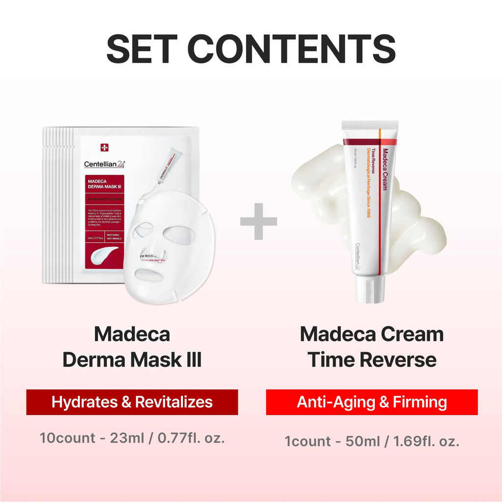 CENTELLIAN 24 Madeca Cream Time Reverse 50ml + Madeca Derma Mask 3(Intensive) 10pc – Hydrating, Firming, Wrinkle Care Set with Centella Asiatica, TECA & Madecassoside for nourished, soothed