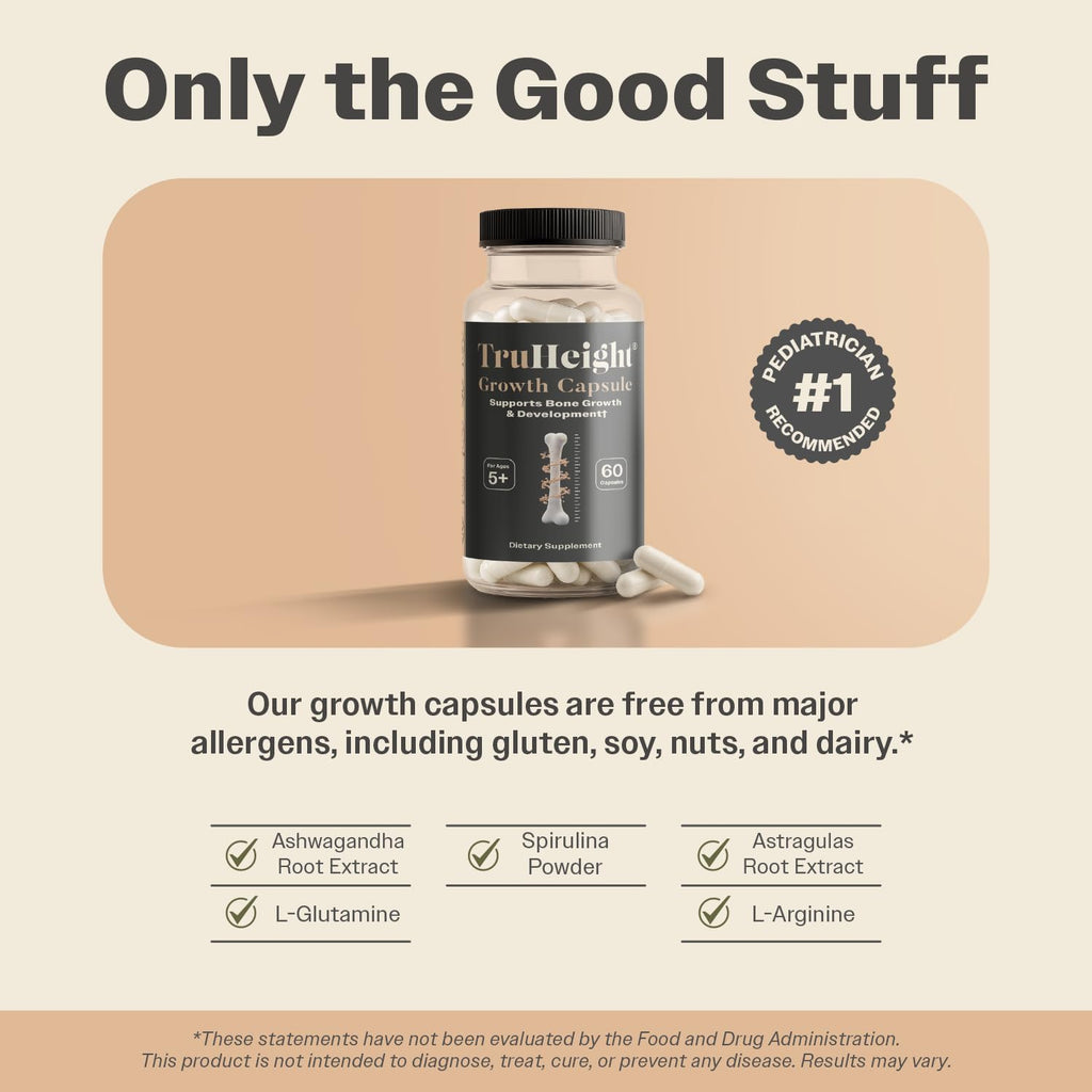 TruHeight Growth Capsules - Tall Nutrition for Natural Growth Supplement for Kids & Teens - Pediatric Vitamin D, K, Calcium & Ashwagandha - Bone Strength - Kids Vitamins D3 K2 Pills, Taller Ages 5+