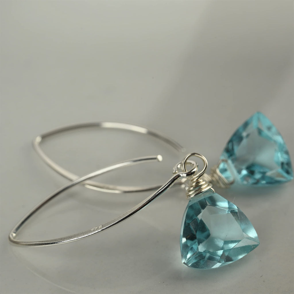Handmade Dangle Earrings for Women - Aquamarine Blue Quartz Sterling Silver in Gift Box - Sparkly Blue Quartz Trillion - Lightweight Dangling - Trendy Long Dangly Drop Handcrafted
