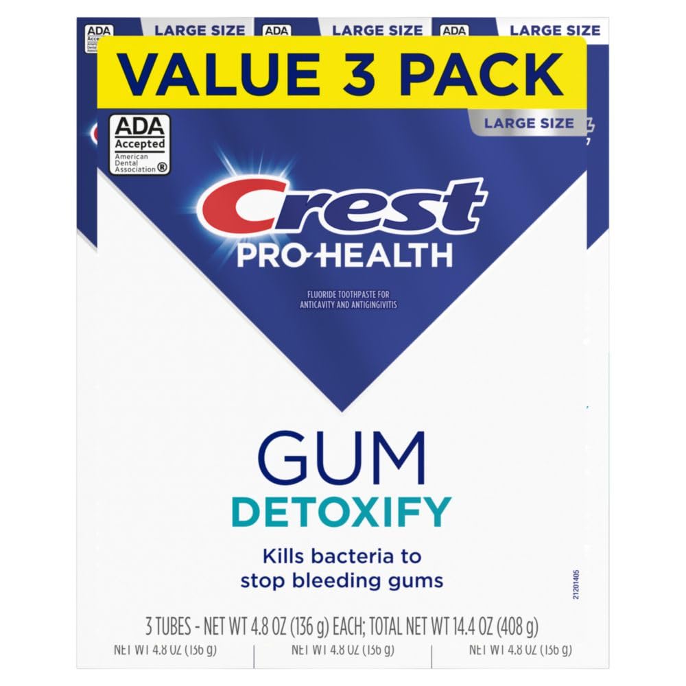 Crest Pro-Health Gum Detoxify Antibacterial Fluoride Toothpaste, 4.8 oz 3 Pack, Enamel and Gum Repair, Cavity Protection, Deep Clean, Plaque Control, Clinically Proven, Travel Size Toiletries