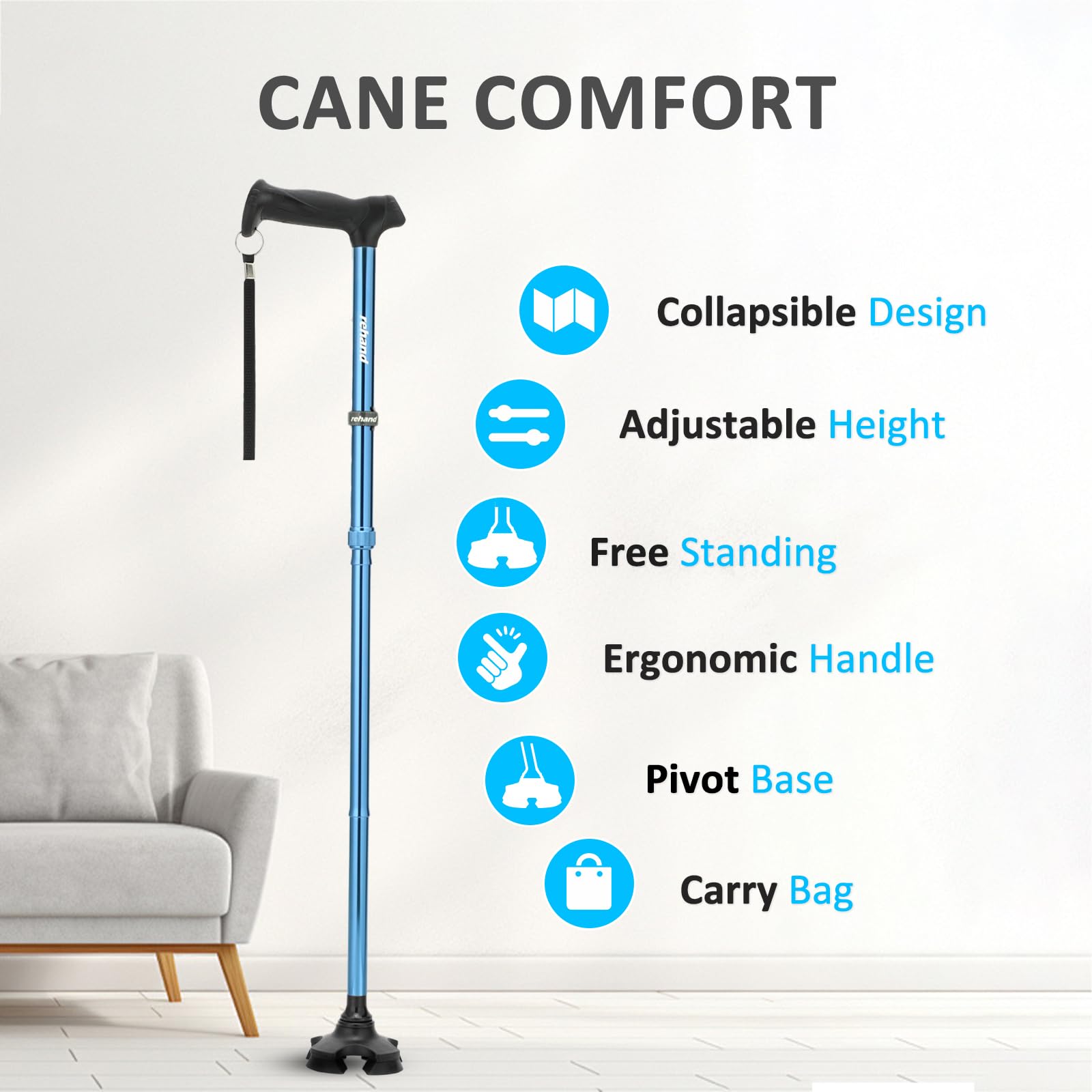 REHAND Walking Cane for Men & Women - Foldable, Adjustable, Lightweight, Self Standing Pivot Walking Cane, Soft Handle Grip, with Travel Bag, Walking Sticks for Seniors & Adults