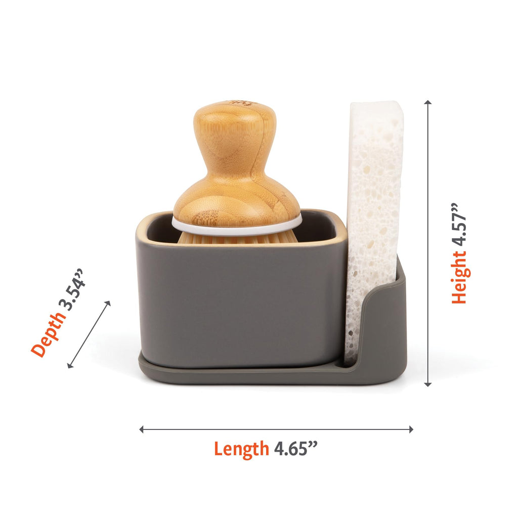 Full Circle Bubble Up Combo — Family Safe, Formaldehyde-Free – Gray Ceramic Soap Dish with Plant-Based Sponge & Bamboo Dish Brush – Versatile Kitchen Scrub Brush Set for Pots, Pans, Counter & Ovens