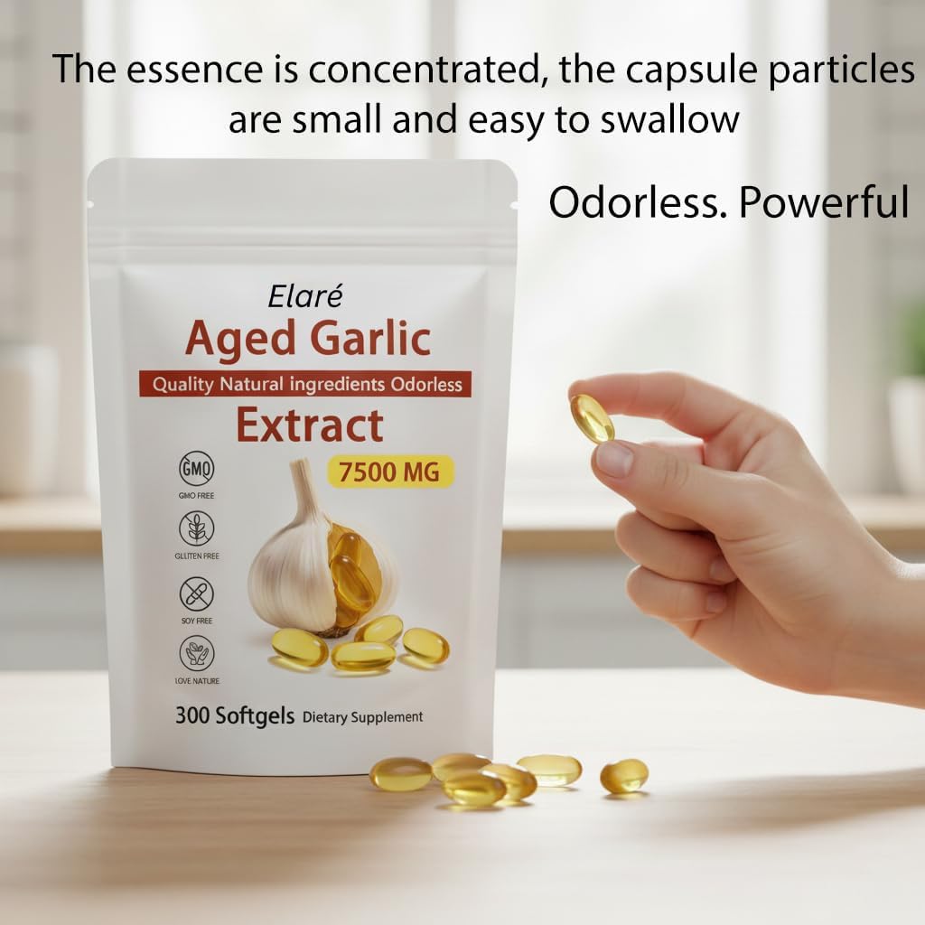 ELARE Aged Garlic Extract - 7500mg Odorless Per Servings, Potent Antioxidant Supplement, Immune Support, Vegetarian, All-Natural, Non-GMO, 300 Softgels