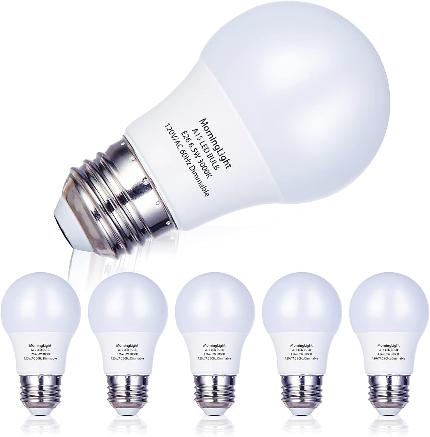 MorningLight 6 Pack A15 LED Light Bulbs 60 Watt, E26 Dimmable LED Light Bulb 3000K Soft White, 6.5W A15 Ceiling Fan Light Bulb for Pendant, Lighting Fixtures, 600 Lumens Bulb
