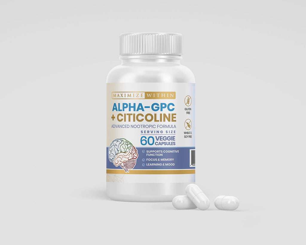 Maximize Within Alpha GPC + Citicoline 60 Ct, 1600mg Concentrated Formula- 99%+Highly Purified & Bioavailable Nootropic-Cognitive Enhancer, Supports Memory, Brain Function, Boosts Focus, Mood & Energy