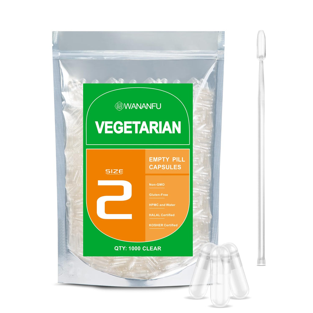 wananfu Size 2 Empty Capsules Vegetarian (1000 Count) Bundle with 2 Micro Lab Spoons, Clear Fillable Veggie Pill Capsules Size 2 for Making Your Own Supplements