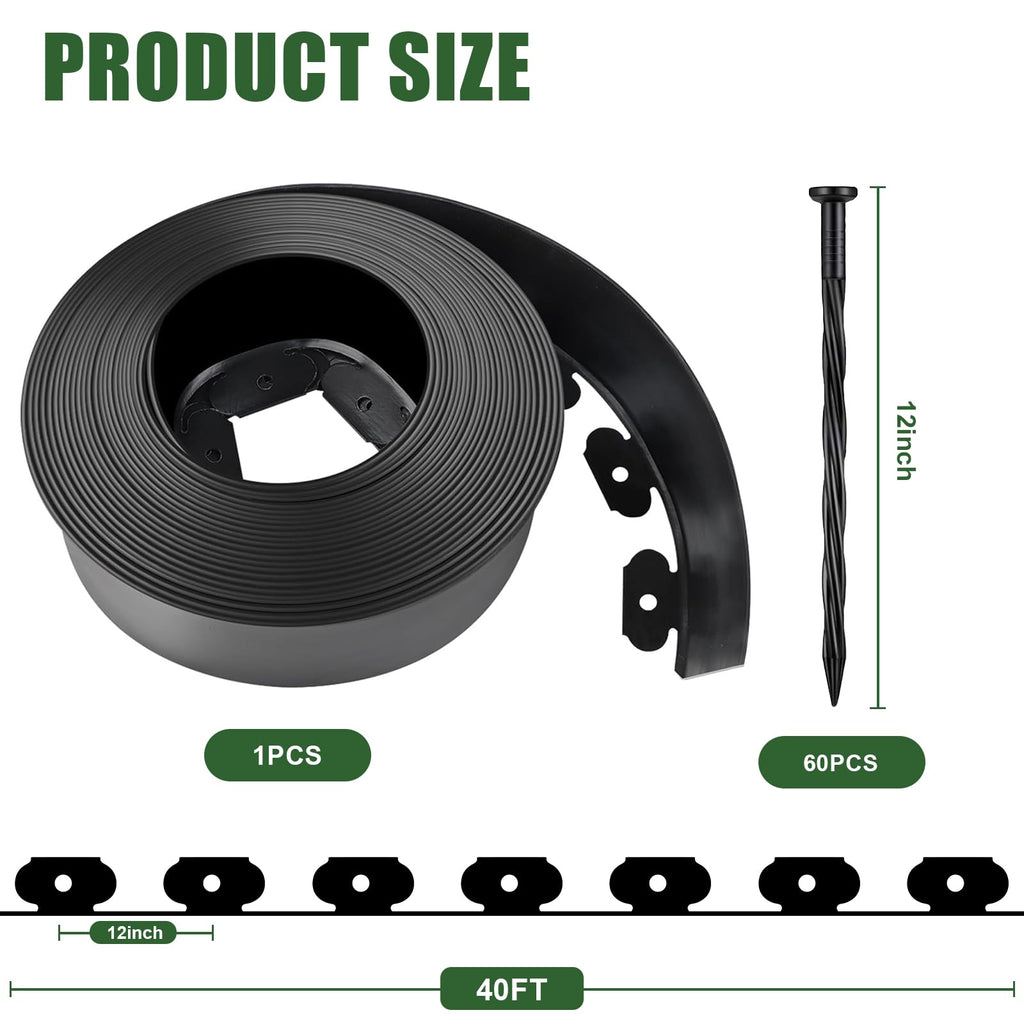 4 in Tall Landscape Edging, 40FT Plastic Garden Border Edging with 60 Anchoring Spikes, Landscape Edging Kit for Garden, Flower Beds and Lawn (Black, 4In x 40FT)