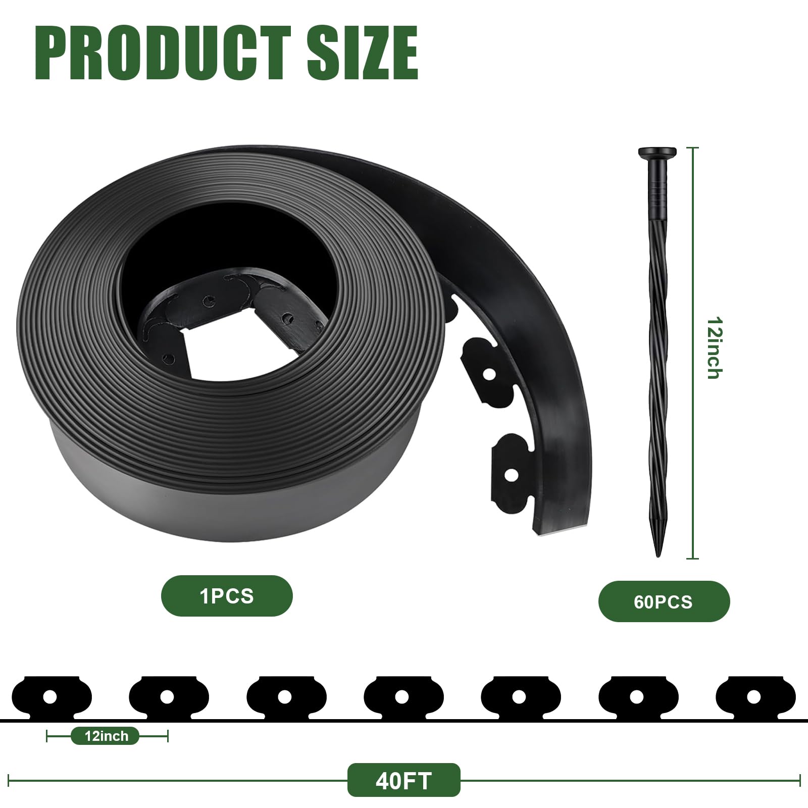 4 in Tall Landscape Edging, 40FT Plastic Garden Border Edging with 60 Anchoring Spikes, Landscape Edging Kit for Garden, Flower Beds and Lawn (Black, 4In x 40FT)
