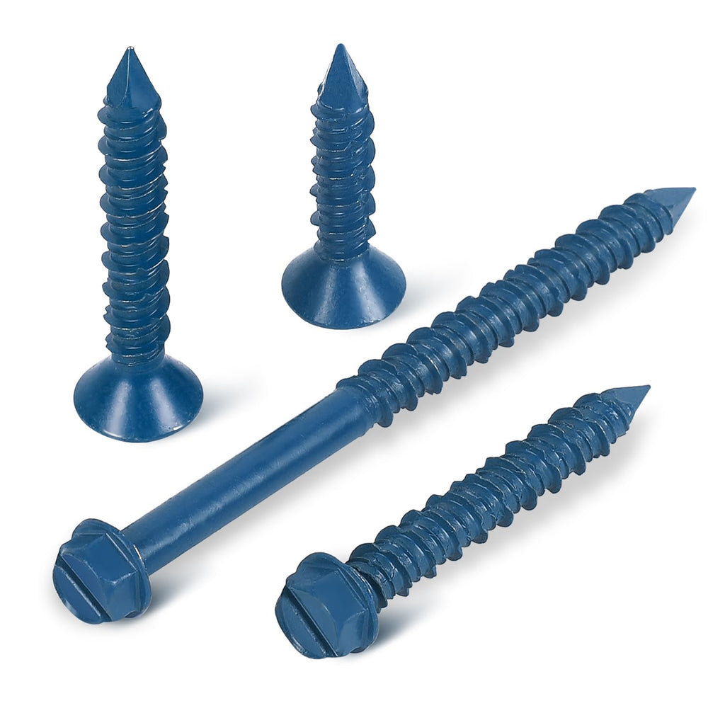 3/16" x 1" Concrete Screws, 100 PCS Blue Hex Washer Head Concrete Screws Anchor Kit with Drill Bit and Hex Bit Socket, for Masonry, Cement, Block, Brick or Stucco