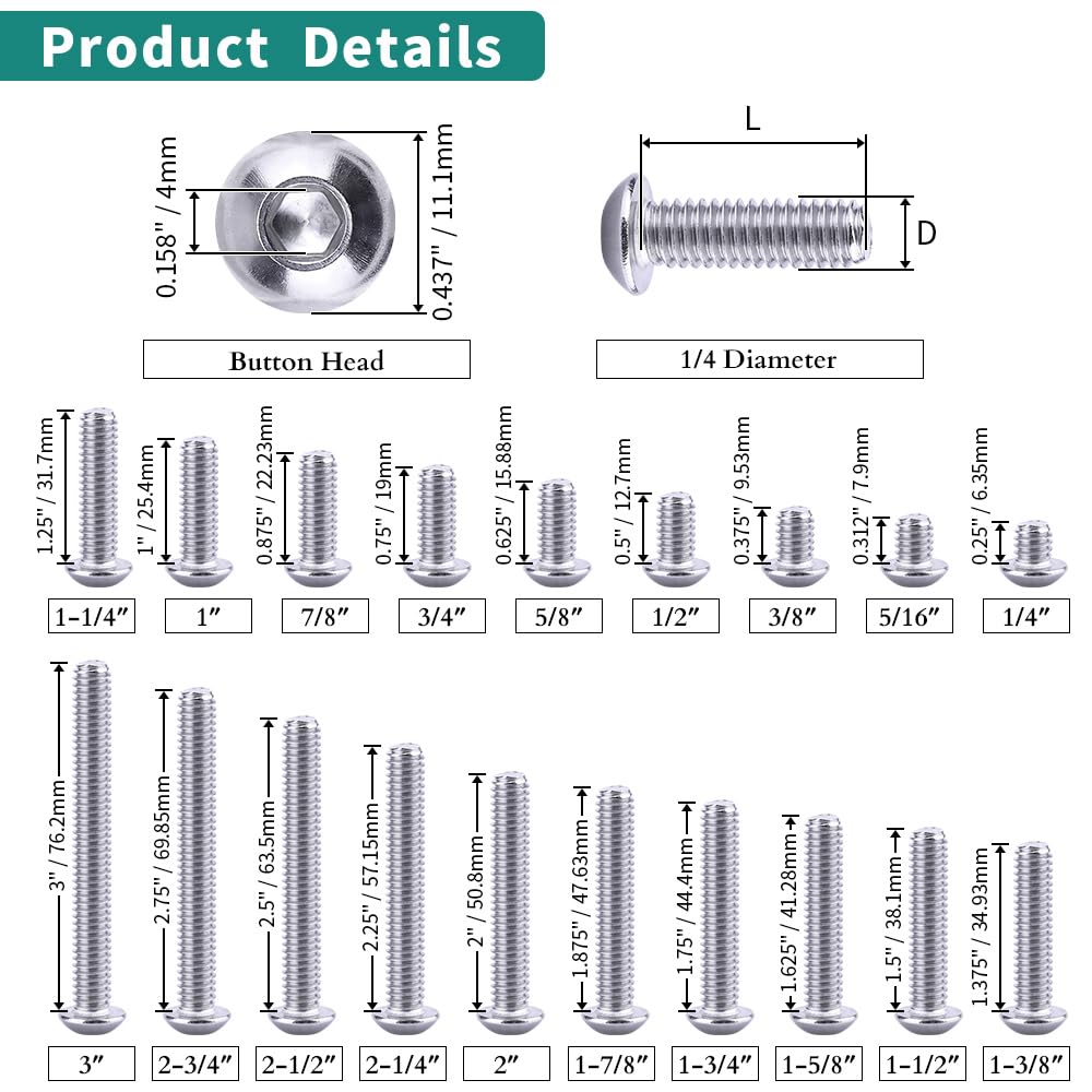1/4-20 x 1-1/4" Button Head Socket Cap Bolts Screws, 304 Stainless Steel 18-8, Allen Hex Drive, Bright Finish, Fully Machine Thread, Pack of 100
