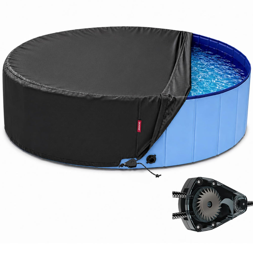 QH.HOME 55.1 inch Kiddie Pool Cover Round, Collapsible Dog Pool Cover with Super Windproof Ratchet Design, Odorless Waterproof Fabric Material and - Only Cover