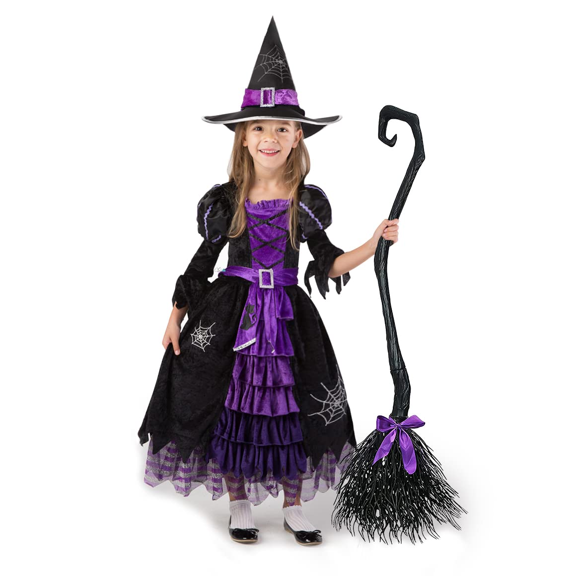 Spooktacular Creations Halloween Fairytale Witch Dress for Kids, Girls Cute Witch Costume Deluxe Set with Broom for Toddler Halloween Role Play Parties, Purple