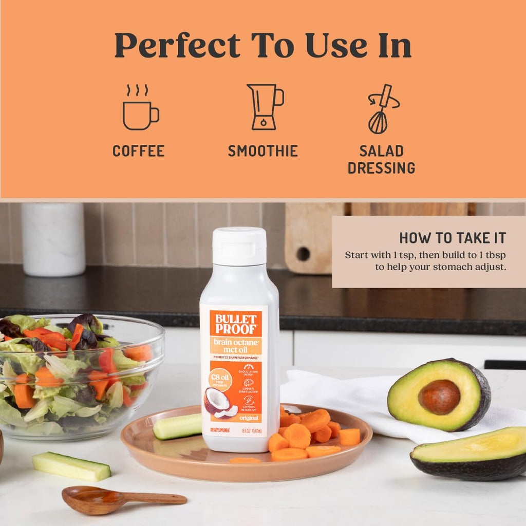 Bulletproof Coconut Brain Octane C8 MCT Oil, 16 Ounces (Pack of 3), Premium Keto Supplement for Sustained Energy, Brain and Body Fuel, Unflavored, Add to Coffee and Smoothies, Packaging May Vary