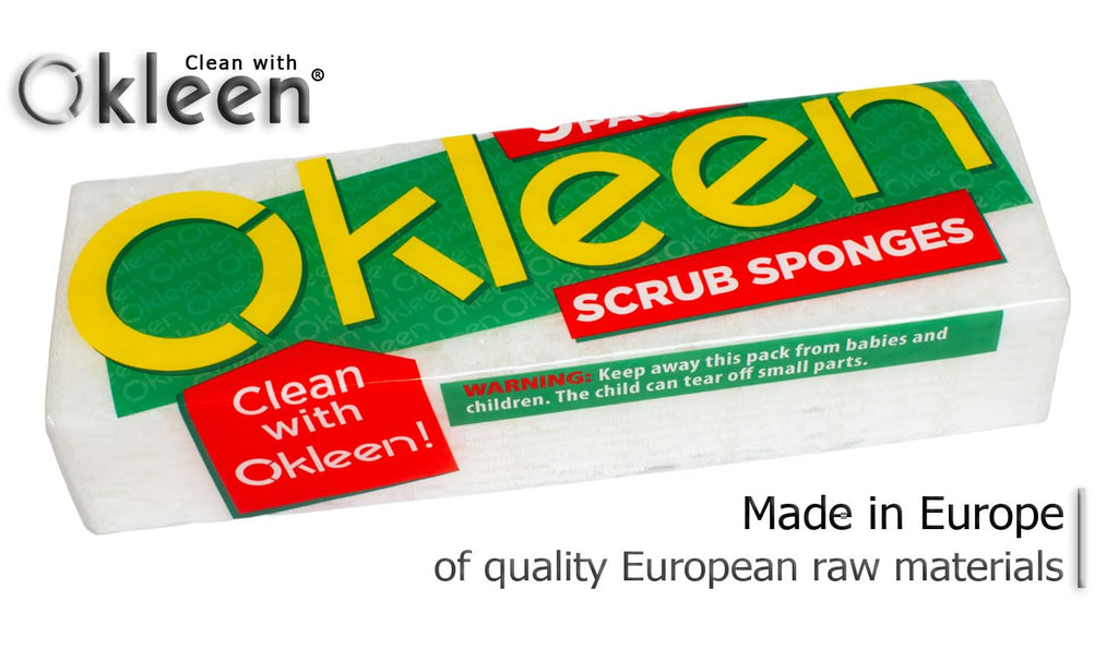 Okleen White Multi Use Scrub Sponges. Made in Europe. 9 Pack, 4.3x2.8x1.4 inches. Odorless Delicate Scrubber for Kitchen and Household Cleaning