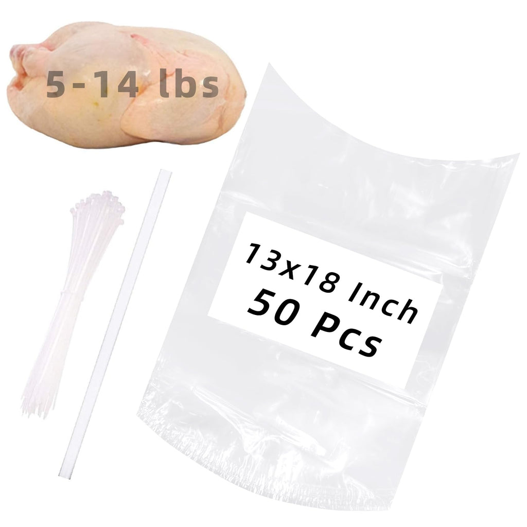 Poultry Shrink Bags,50 Pack 13x18Inches Clear Poultry Heat Shrink Wrap Freezer with 50 Zip Ties,a Silicone Straw for Chickens,Rabbits