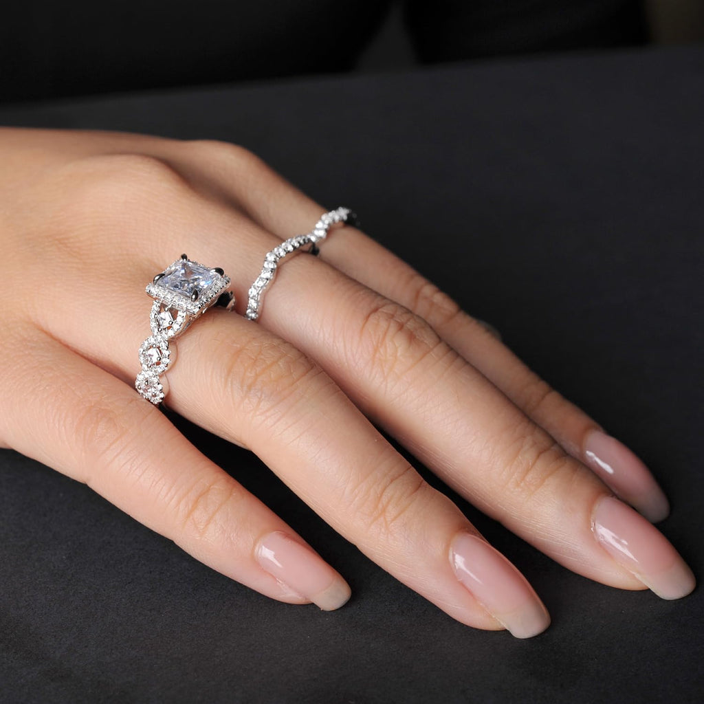 RYANEE Princess Cut Cubic Zirconia Halo Promise Engagement Ring For Women in 925 Sterling Silver, Simulated Diamond 14k White Gold Plated CZ Stackable Rings For Her, Wedding Band Bridal Ring Set 7