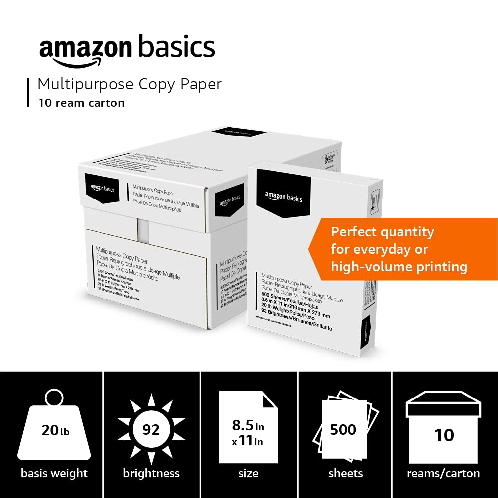Amazon Basics Multipurpose Copy Printer Paper, 20 lb, 8.5 x 11 Inches, 10 Reams (5,000 Sheets), 92 Bright White