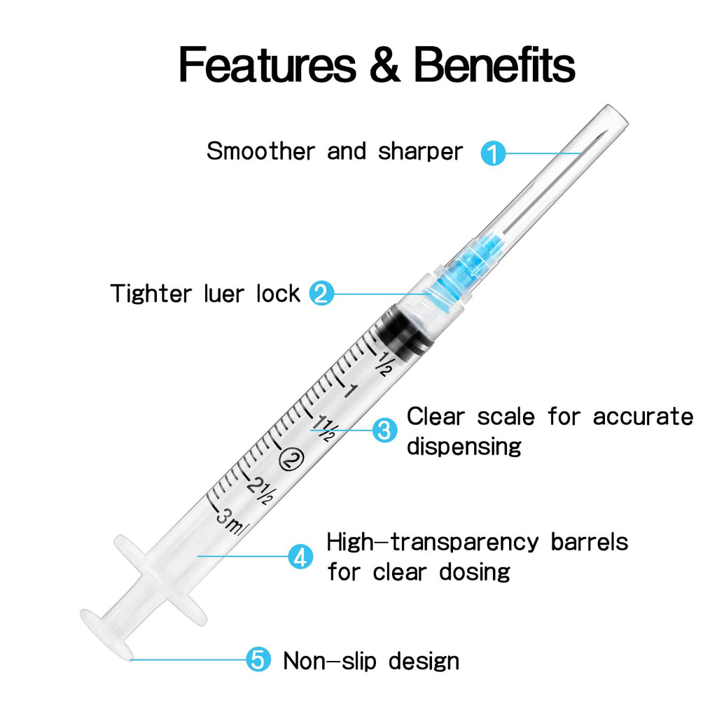 100 Pack 3ml with 23Ga 1.5 inch, Lab Supplies, Luer Lock, Individually Packaged