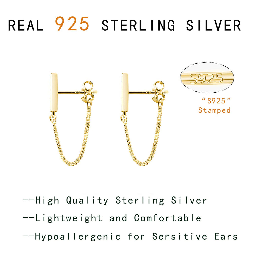 Reffeer 925 Sterling Silver Stud Earrings Minimalist Bar Earrings with Chain Dangle Earrings For Women (C-Yellow)