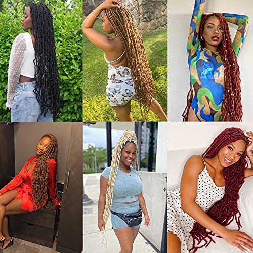 Leeven 30 Inch Boho Soft Locs 7 Packs Distressed New Faux Locs Crochet Braids Hair Brown Pre Looped Natural Butterfly Locs Messy Goddess Locs Curly Wavy Synthetic Hair for Women 15 Strands/Pack #30