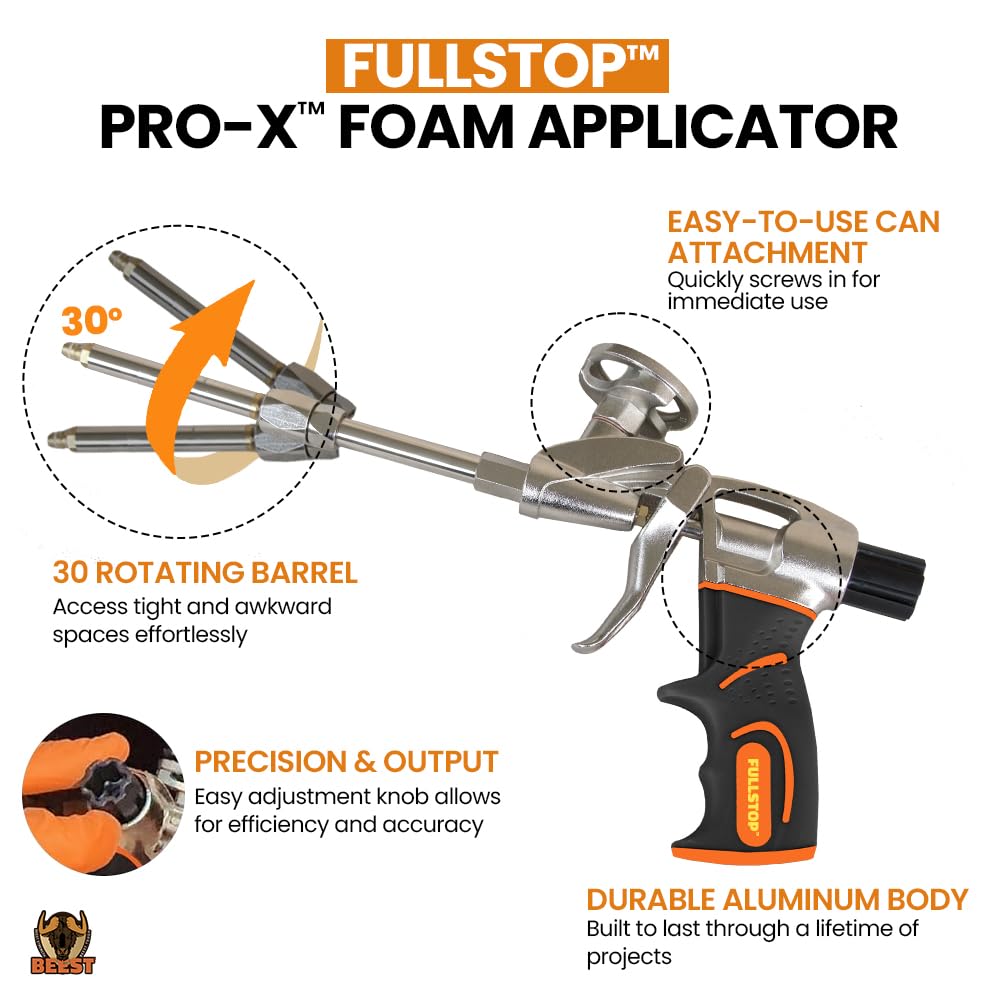 BEEST FullStop Spray Foam Insulation Kit - 480 Board ft/sq.ft. Fire Rated Spray Insulation Foam for Walls & Attics with Thermal & Soundproofing - Includes 24x Cans, 2 Cleaner, Pro X Gun, Safety Gear