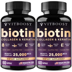 Vitboost Biotin with Hyaluronic Acid, Collagen and Keratin – 25000 mcg Hair Growth Vitamins for Men and Women – Nails and Skin, USA Made - Third Party Tested, B1, B2, B3, B6, B7 Complex - 120 Capsules