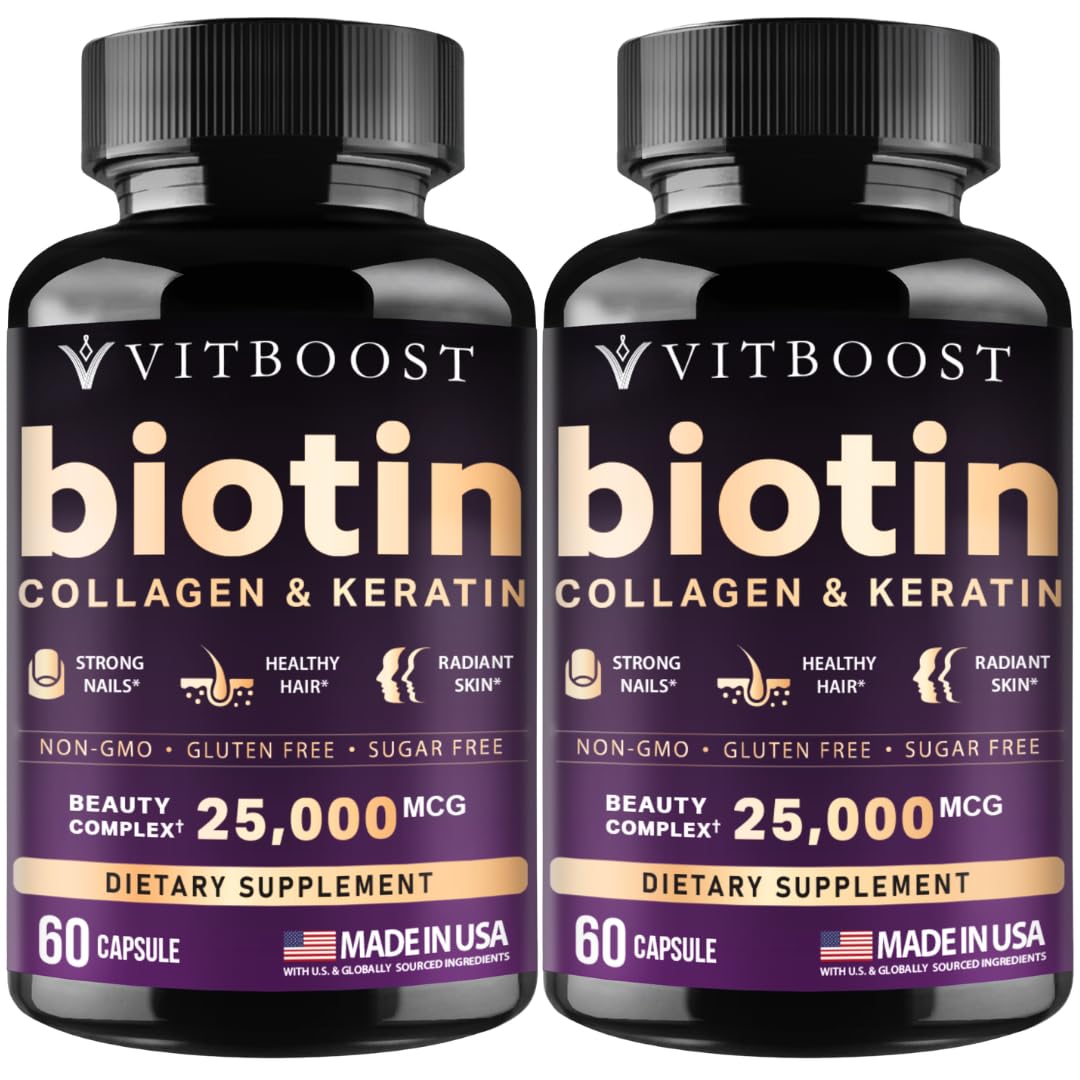 Vitboost Biotin with Hyaluronic Acid, Collagen and Keratin – 25000 mcg Hair Growth Vitamins for Men and Women – Nails and Skin, USA Made - Third Party Tested, B1, B2, B3, B6, B7 Complex - 120 Capsules