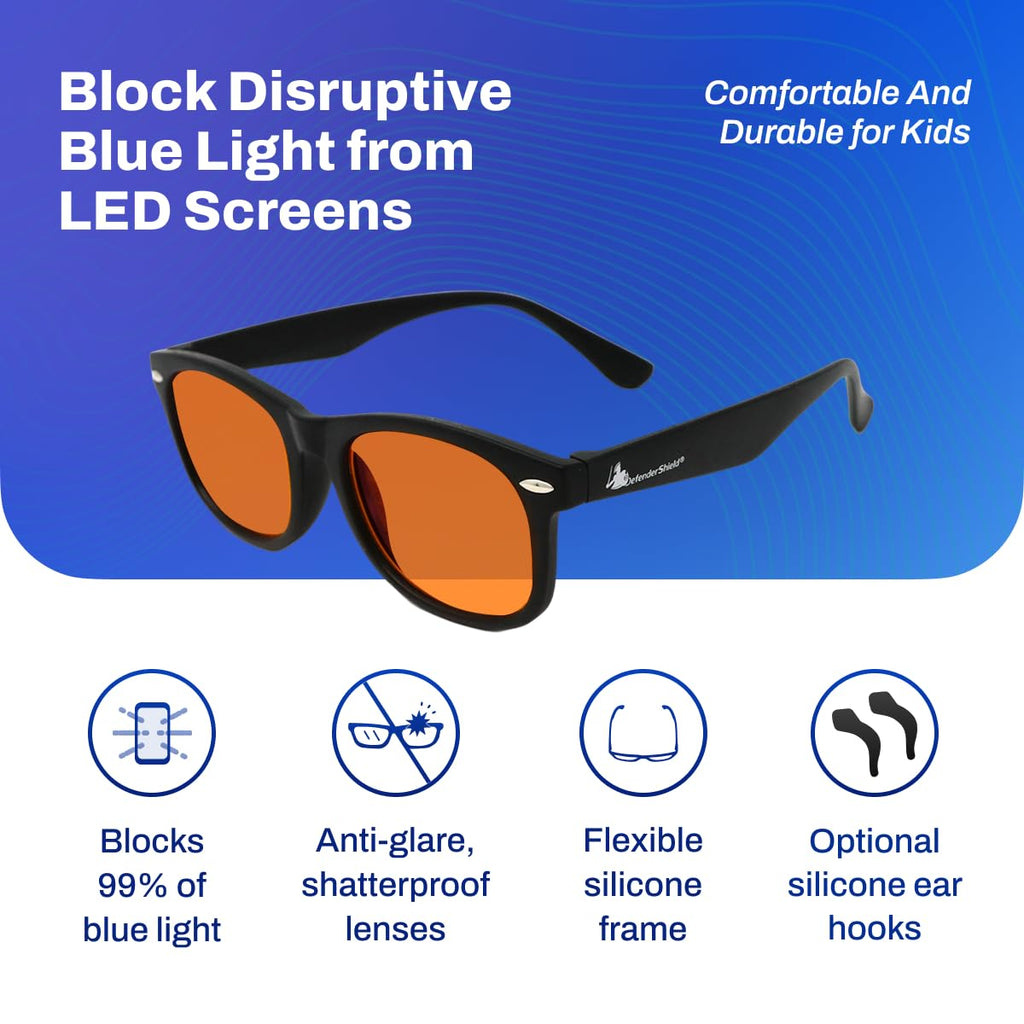 DefenderShield Blue Light Glasses For Kids – Kids Blue Light Glasses Girls and Boys With Orange Lenses (99% Blue Light Blocking) For Screens – Lightweight, Flexible & Shatterproof Black Fit Frames