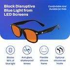 DefenderShield Blue Light Glasses For Kids – Kids Blue Light Glasses Girls and Boys With Orange Lenses (99% Blue Light Blocking) For Screens – Lightweight, Flexible & Shatterproof Black Fit Frames