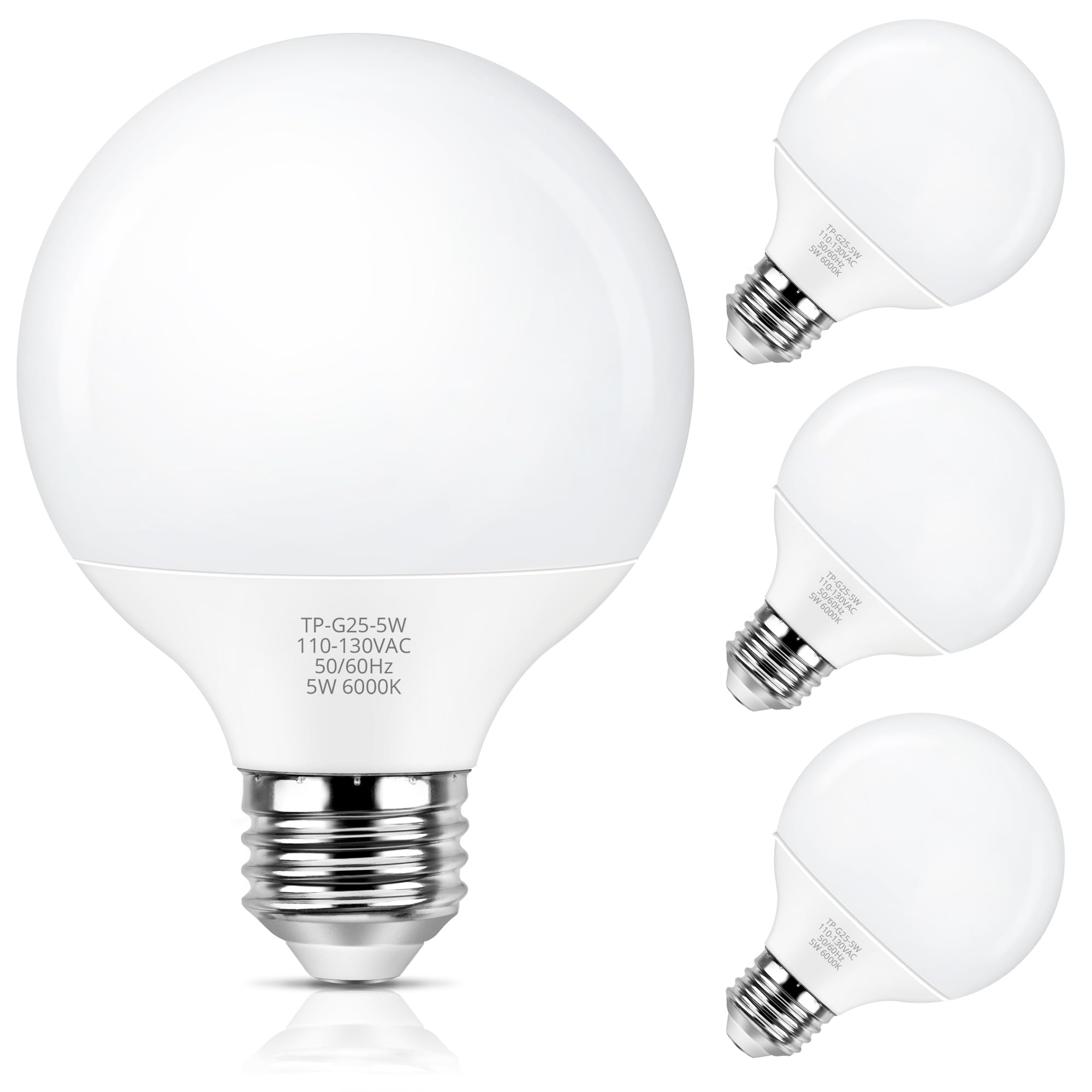 MAXvolador G25 LED Globe Light Bulbs 60W Equivalent, Cool White 6000K Bathroom Vanity Round Bulb, 500LM E26 LED for Makeup Mirror, Non-Dimmable 4 Pack