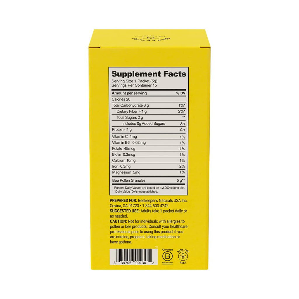 Beekeeper's Naturals - 100% Raw Bee Pollen Stick Packs, Natural Preserved Enzymes, Source of Vitamin B, Minerals, Amino Acids & Protein - Paleo & Keto Friendly, Gluten Free (15ct)