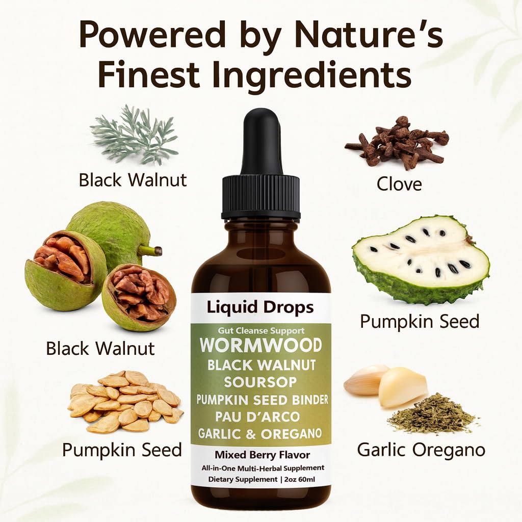 ipxkwll Prozen Wormwood Gut Cleanse Liquid Drops, Black Walnut Wormwood Clove Liquid Extract with Soursop & Oregano Oil - Supports Digestive Health, Energy Boost - 2 Fl Oz (1)