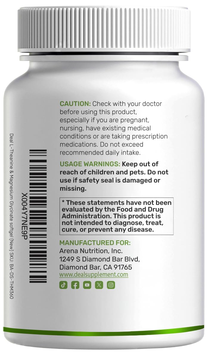 L-Theanine with Magnesium Glycinate, 360 Softgels | L-Theanine 200mg & Magnesium Glycinate 200mg per Serving | 2-in-1 Amino Acid & Mineral Complex | Made with Coconut Oil | Non-GMO, cGMP Manufactured