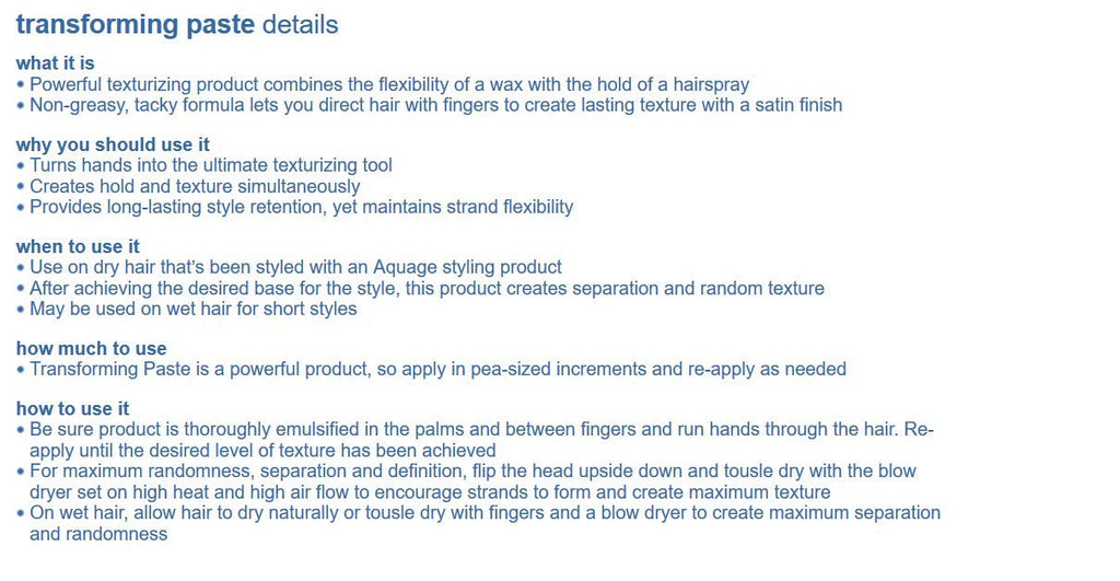 Aquage Transforming Paste, Creates Texture and Hold Simultaneously, Provides Long-Lasting Style Retention, 4.6 oz.