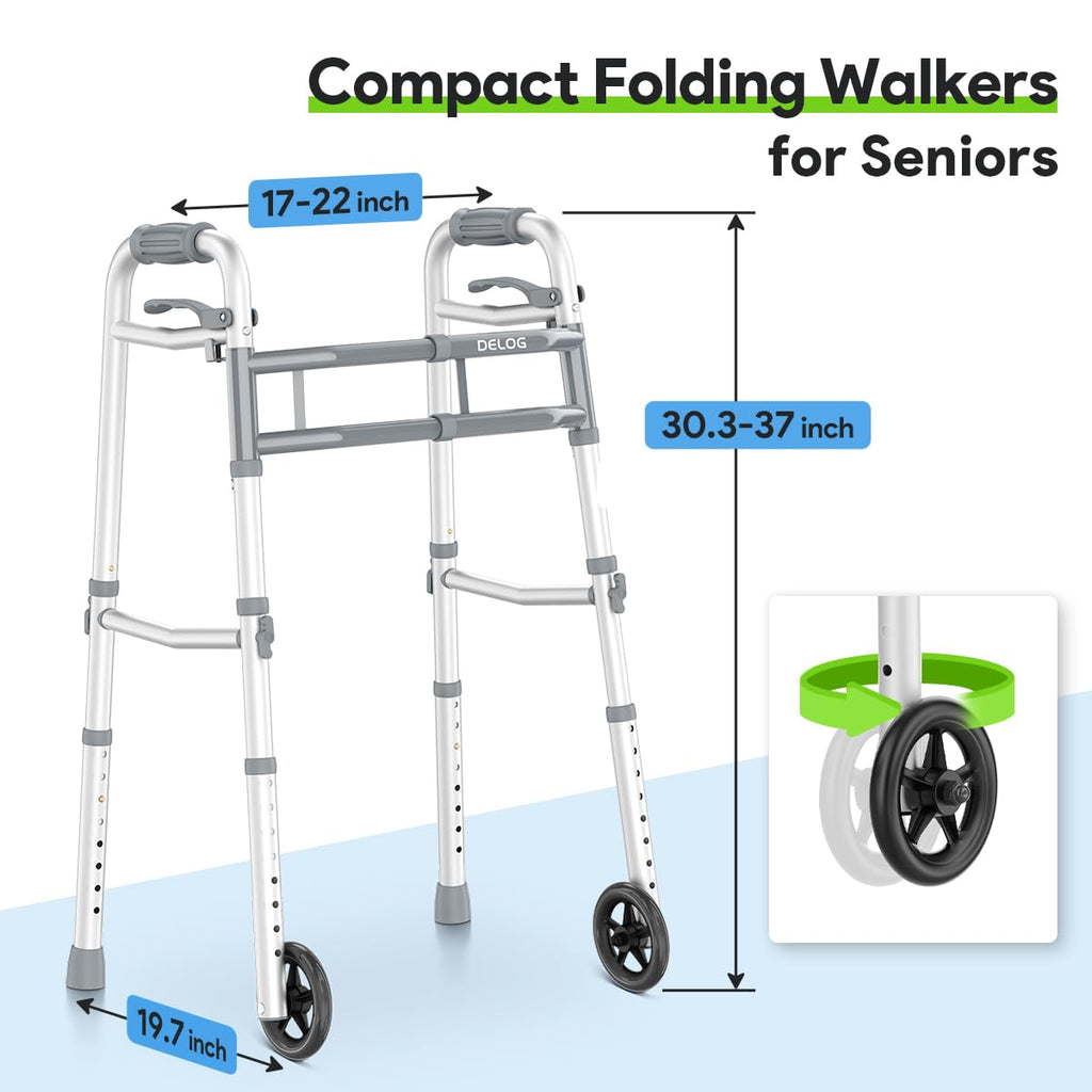 Delog Narrow Folding Walker for Seniors with Trigger Release and 5 Inches Wheels, Lightweight Supports Up to 350 lbs, Aluminum Folding Walker for Elderly, Handicapped and Disabled